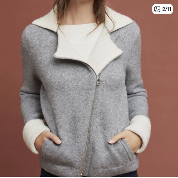 Anthropologie | Cherohala Gray and White Moto Wool Blend Jacket Sweater XL - Picture 2 of 11